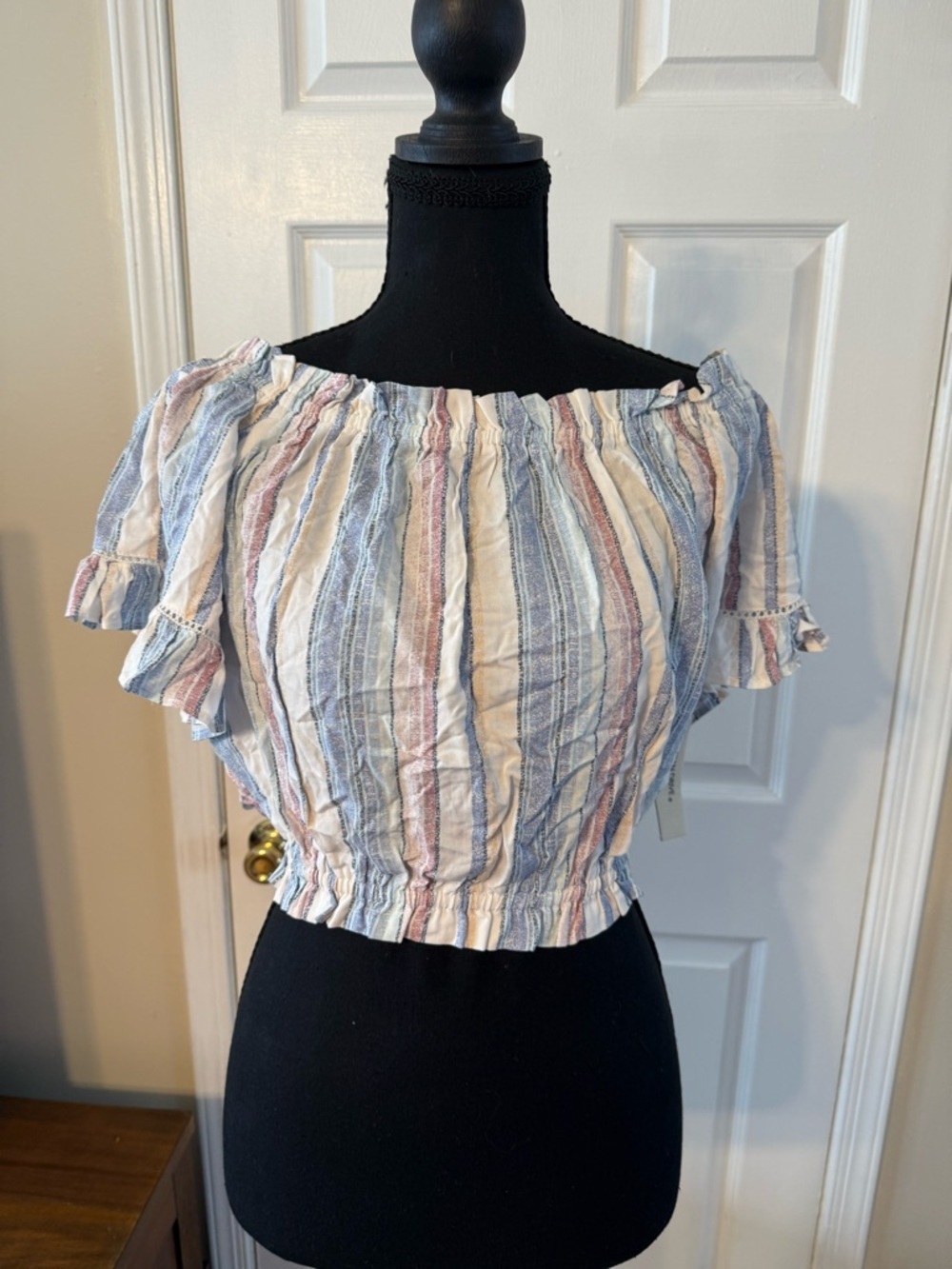 Ocean Drive Striped Off-Shoulder Crop Top in Cream, Blue & Pink
